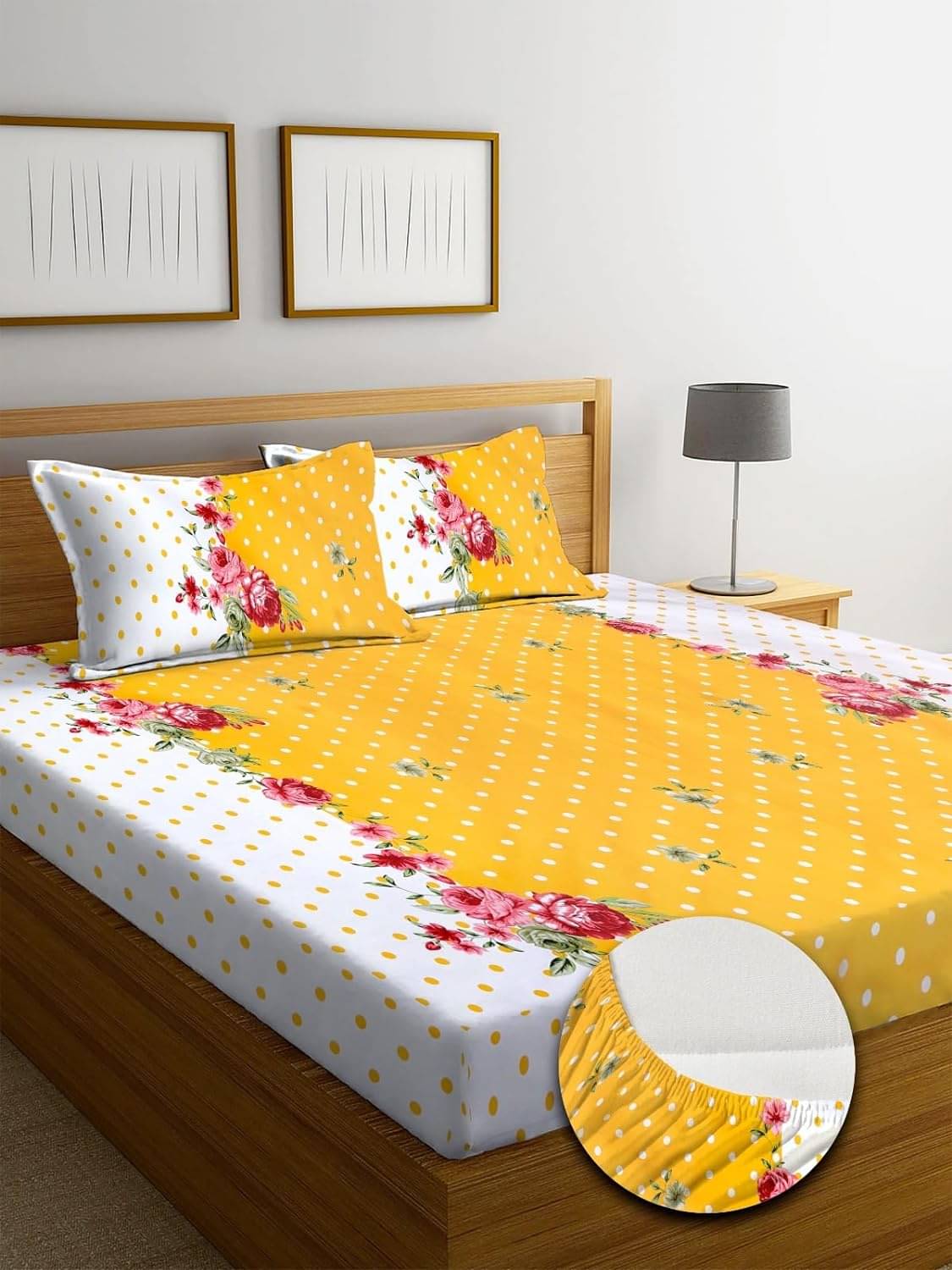 Neekshaa Cotton Floral Fitted Fitted bedsheet with 2 Pillow Covers ( Double Bed ) - Yellow Neekshaa Cotton Floral Fitted Fitted bedsheet with 2 Pillow Covers ( Double Bed ) - Yellow