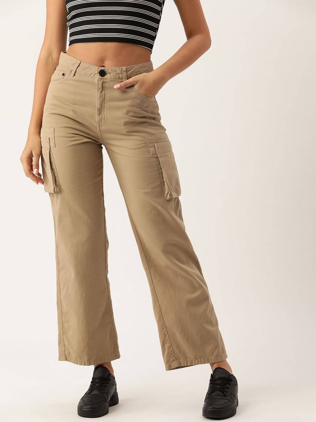    			Bene Kleed Women Beige Solid Straight Fit Pure Cotton Cargos
