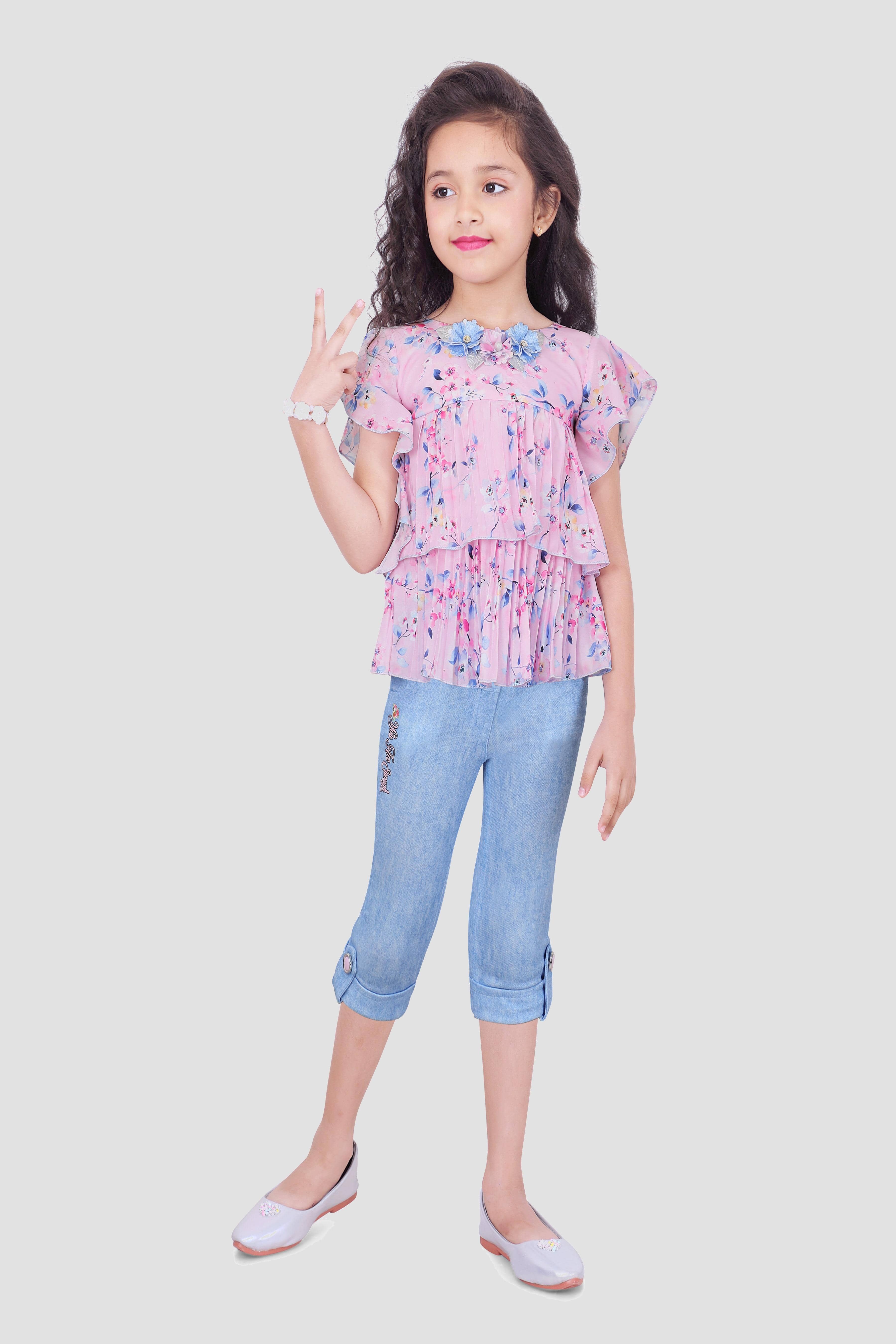Cherry Tree Pack of 1 Girls Cotton Blend Top With Capris ( Pink )