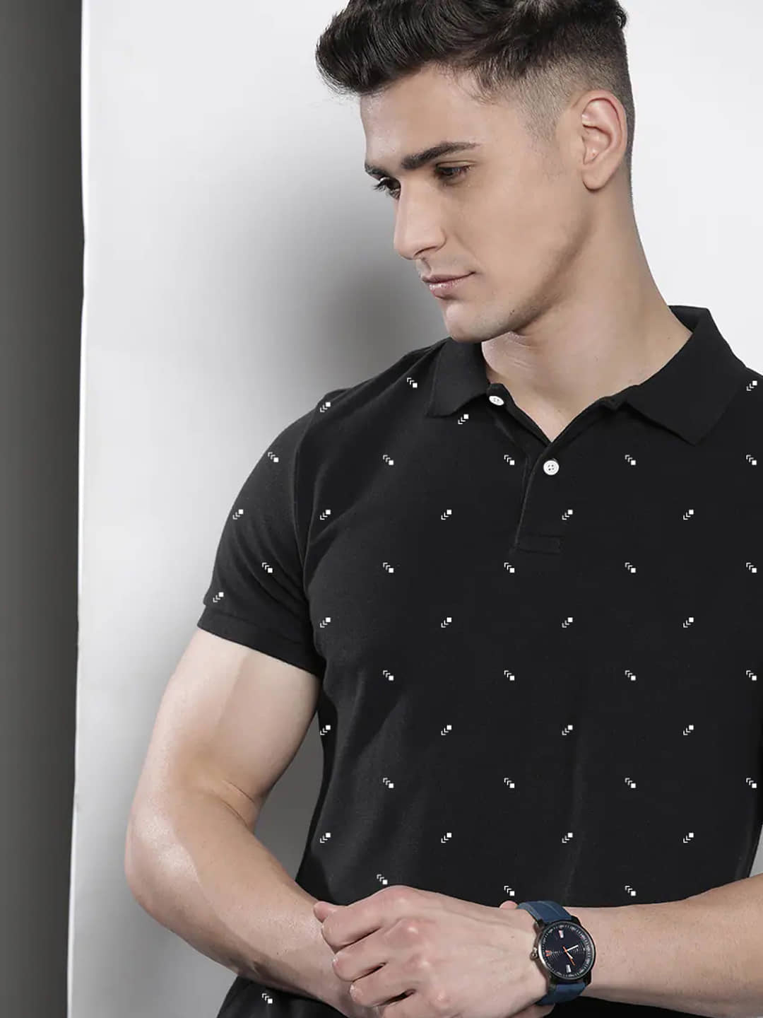 Merriment Pack of 1 Cotton Blend Regular Fit Printed Half Sleeves Men's Polo T Shirt ( Black )