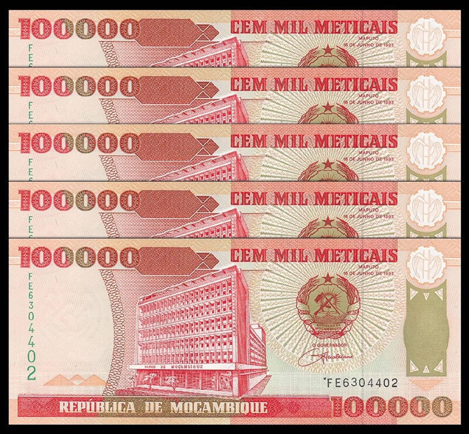 Mozambique 100000 Meticais Consecutive Serial 5 Notes in Top Grade Gem UNC Mozambique 100000 Meticais Consecutive Serial 5 Notes in Top Grade Gem UNC