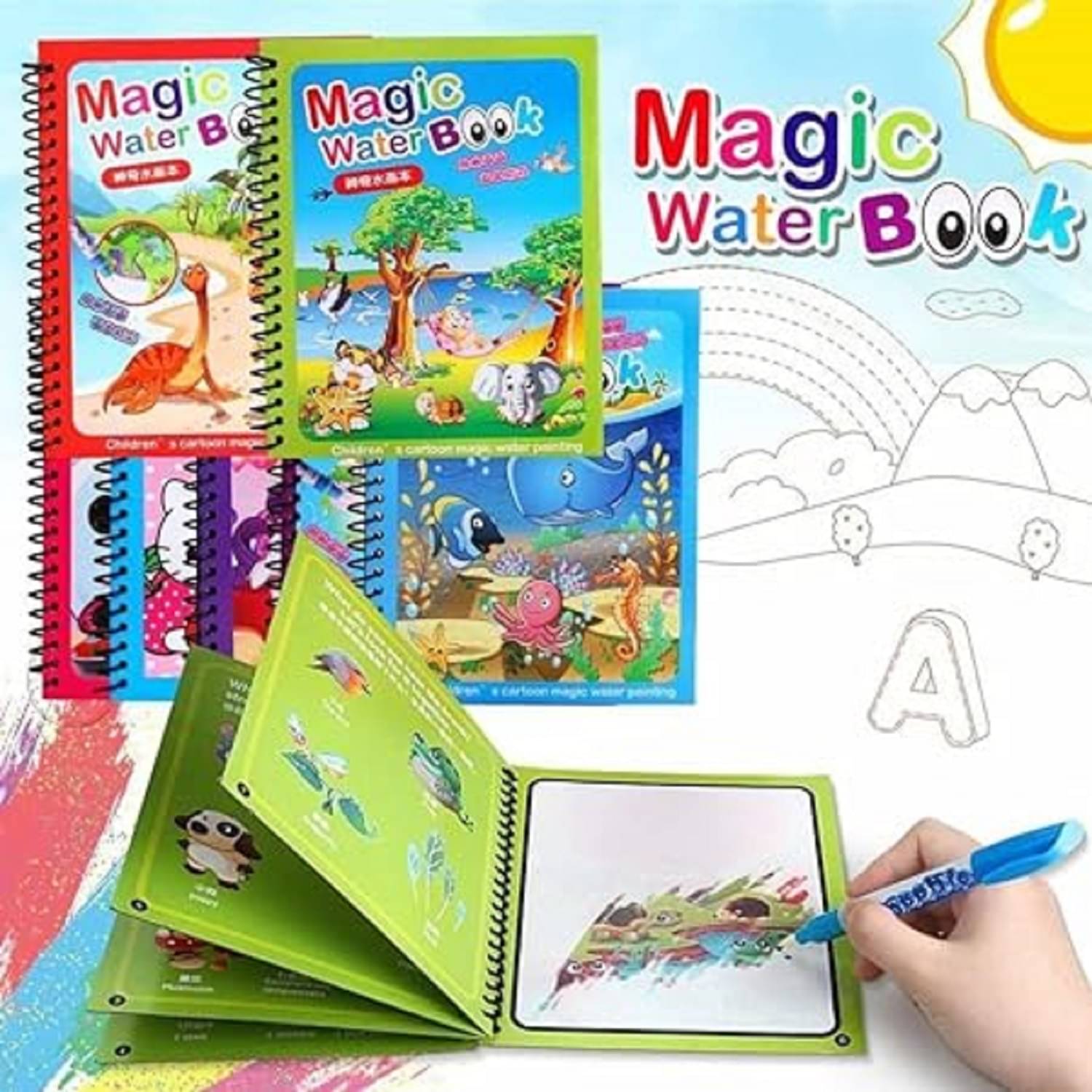     			Unico Reusable Magic Water Quick Dry Book Water Coloring Book Doodle with Magic Pen for Painting Children's Education Drawing Pad (Random Designs)