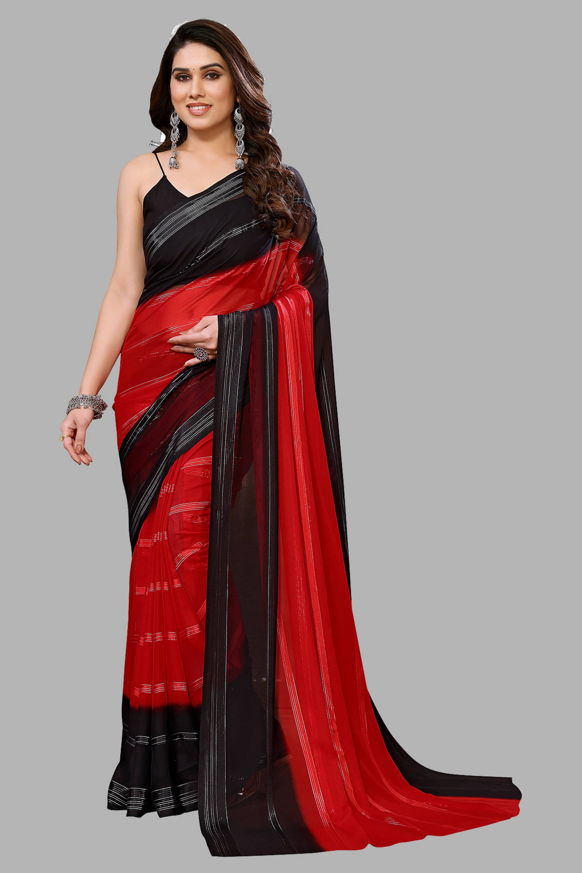 Kashvi Sarees Georgette Striped Saree With Unstitched Blouse Piece ( Black ) Kashvi Sarees Georgette Striped Saree With Unstitched Blouse Piece ( Black )