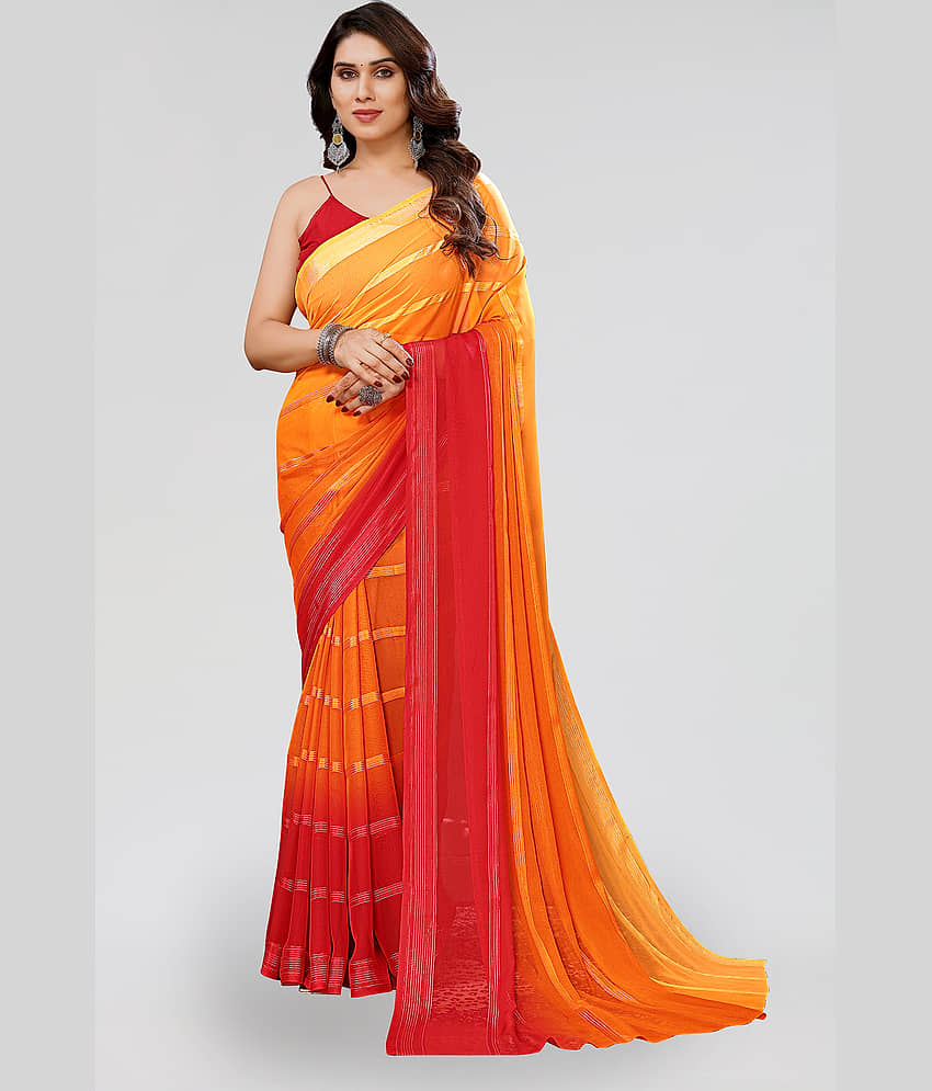 Kashvi Sarees Georgette Striped Saree With Unstitched Blouse Piece ( Orange ) - Sarees | Buy online on ZillyBuy