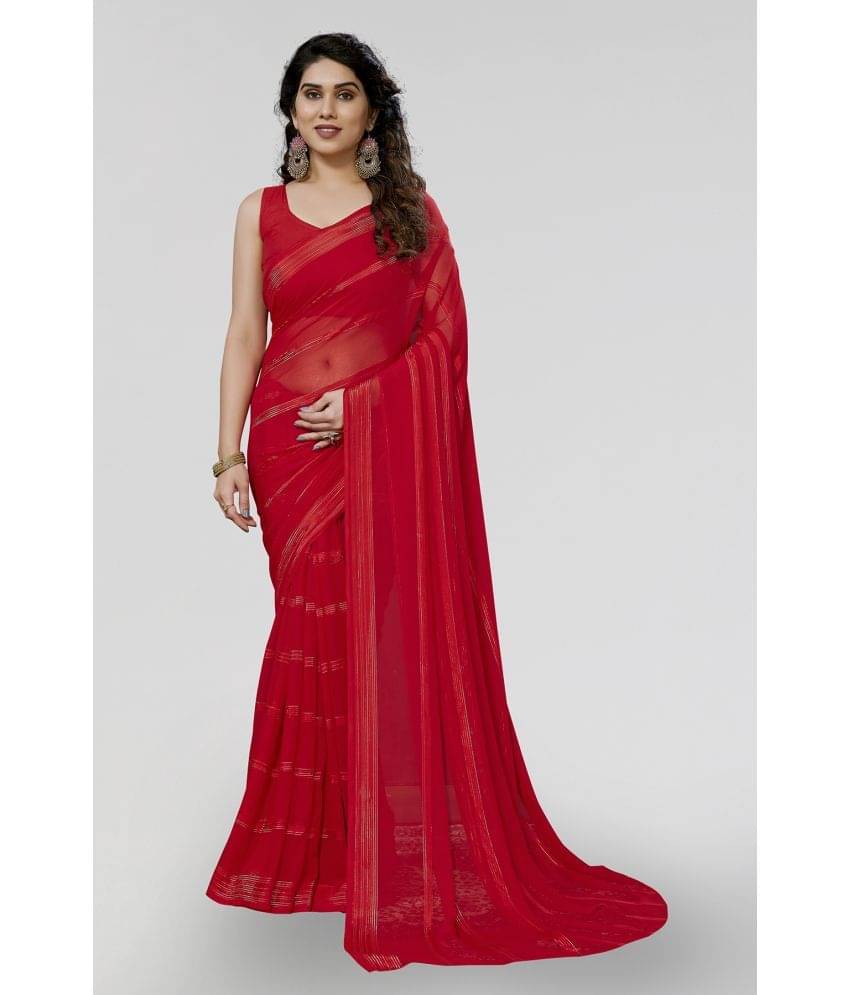     			Kashvi Sarees Satin Striped Saree With Unstitched Blouse Piece ( Red )