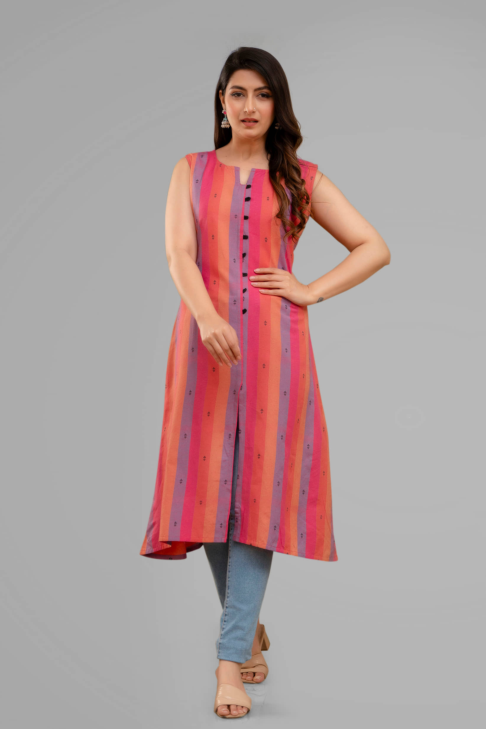 Parastri Cotton Striped Front Slit Women's Kurti - Orange ( Pack of 1 ) - Kurtis, Tunics | Buy online on ZillyBuy