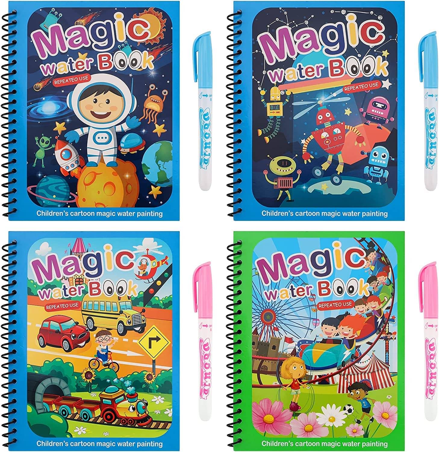     			Reusable Magic Water Coloring Books  for Toddlers, (Pack of 4) Paint with Water Books,Mess-Free Coloring Book,Portable Educational Doodle Drawing Toy,Improving Children's Imagination,Color Perception Gift