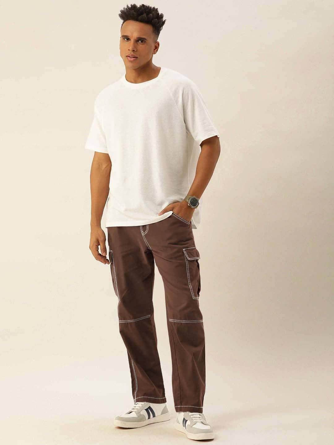Bene Kleed Men Relaxed Mid-Rise Pure Cotton Cargos With Contrast Stitch - Trousers | Buy online on ZillyBuy