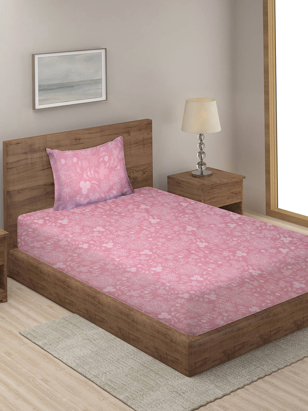    			Klotthe Poly Cotton Floral 1 Single Bedsheet with 1 Pillow Cover - Pink