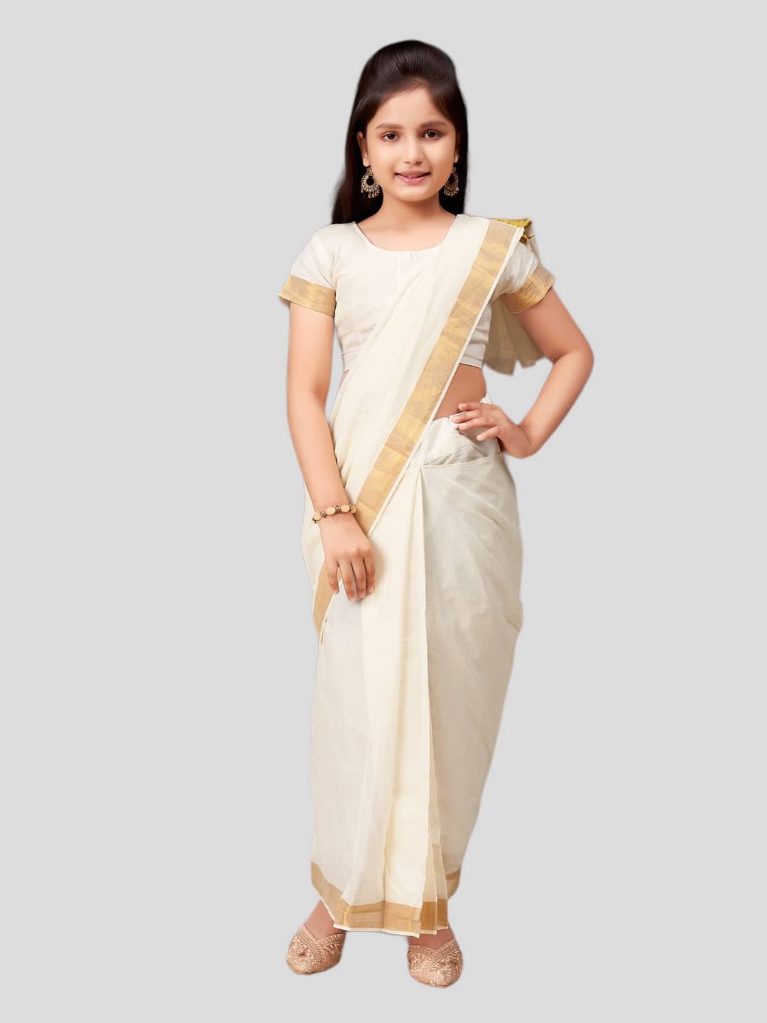 Aarika Cotton Saree For Girls ( Cream , Pack of 1 )
