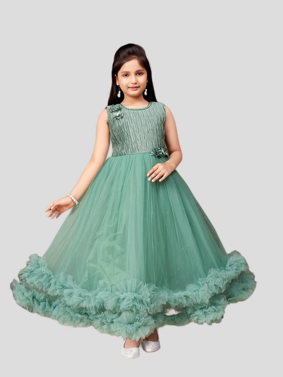 Aarika Net Fit And Flare Dress For Girls ( Pack of 1 , Green )