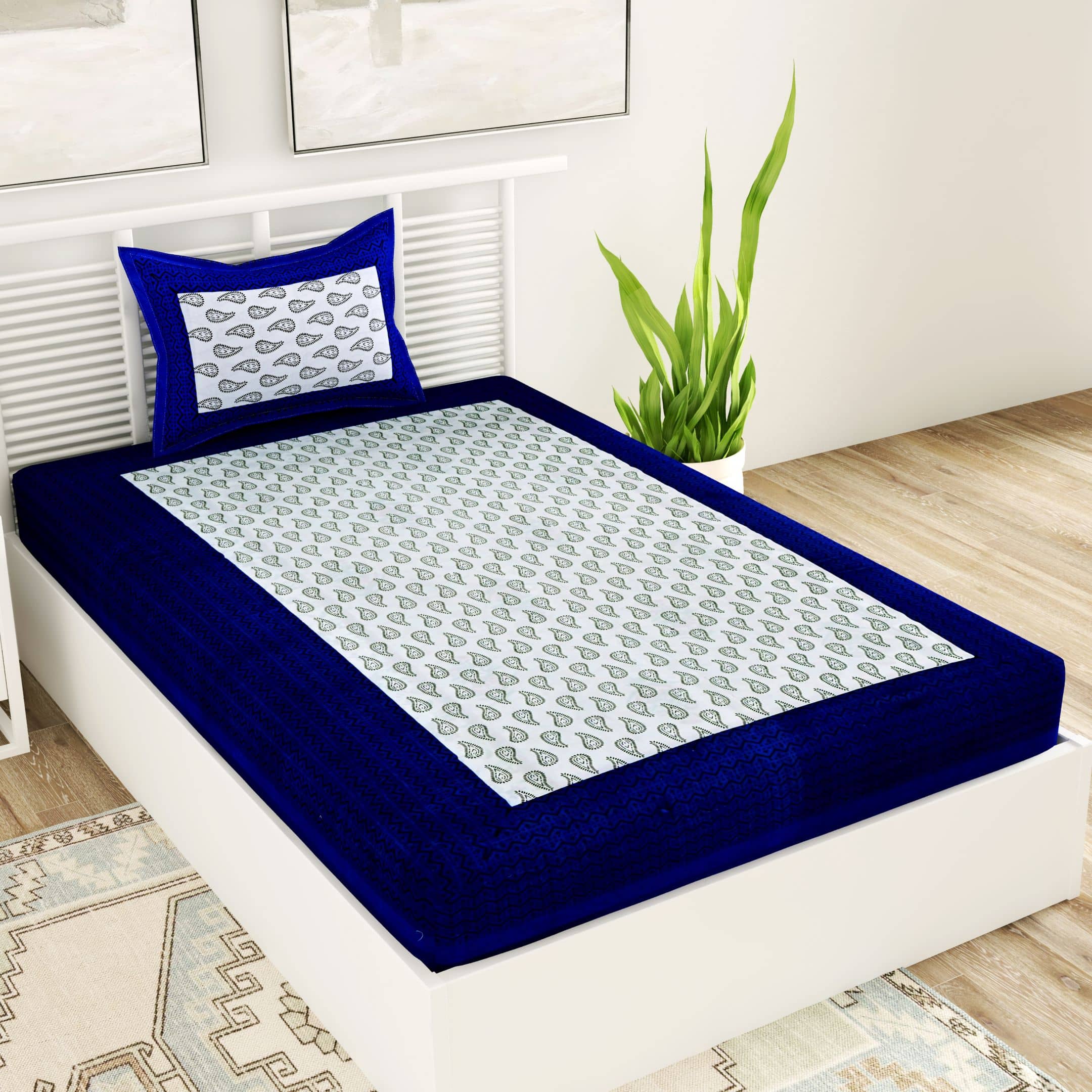 Uniqchoice Cotton 1 Single Bedsheet with 1 Pillow Cover ( Blue )