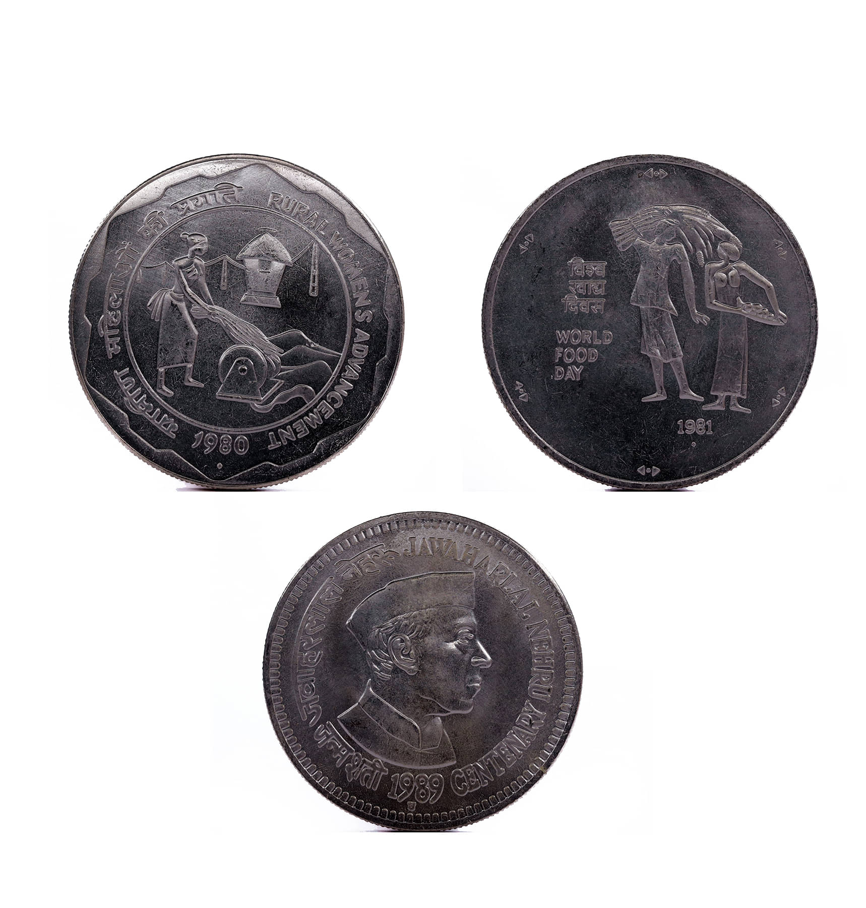     			Set of 3 Coins of Rural Womens Advancement, World Food Day, Centenary of Jawaharlal Nehru (100,100 and 100) - Silver Plated Fancy Coins