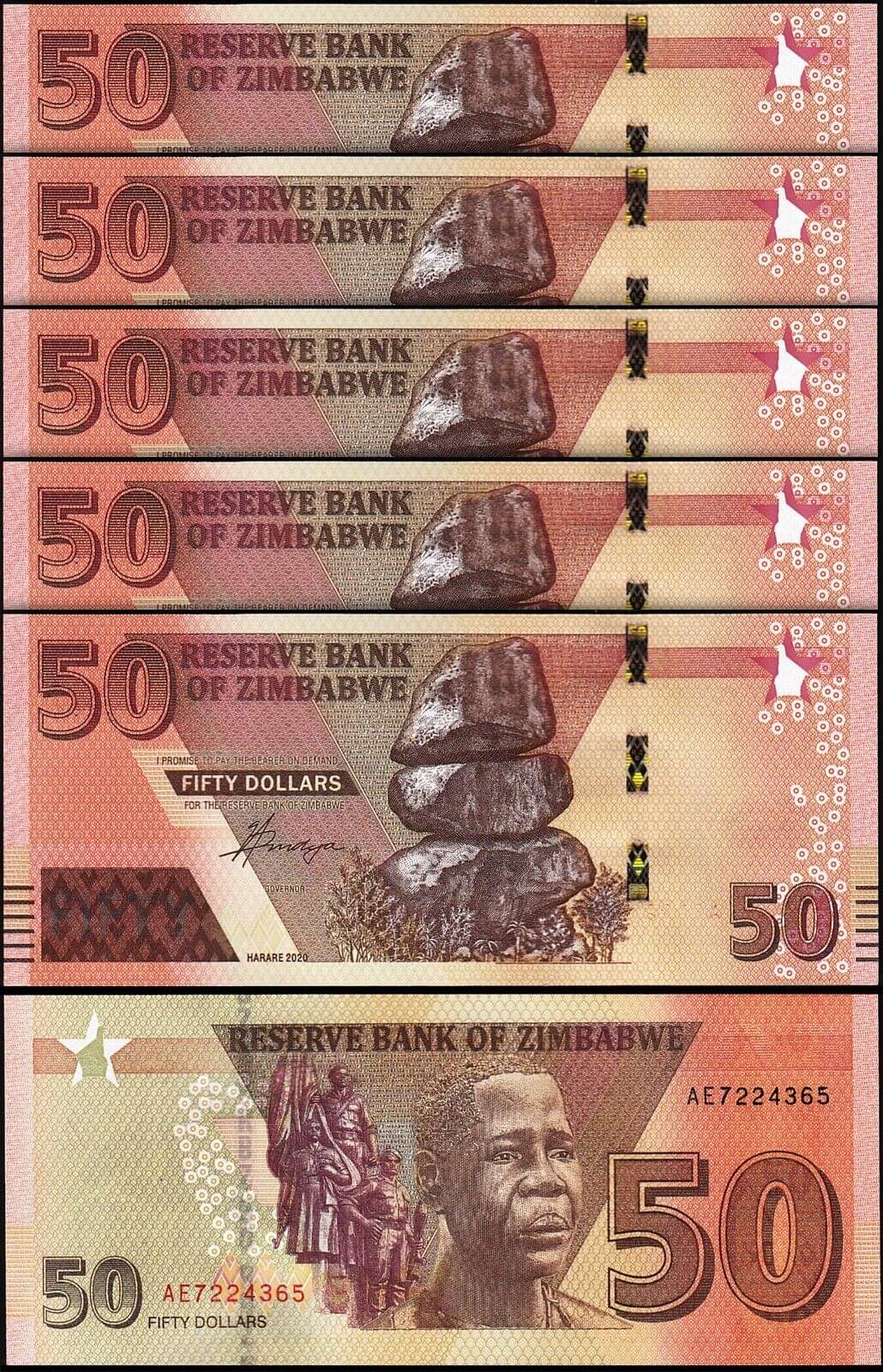Zimbabwe 50 Dollars Consecutive Serial 5 Notes in Top Grade Gem UNC Zimbabwe 50 Dollars Consecutive Serial 5 Notes in Top Grade Gem UNC