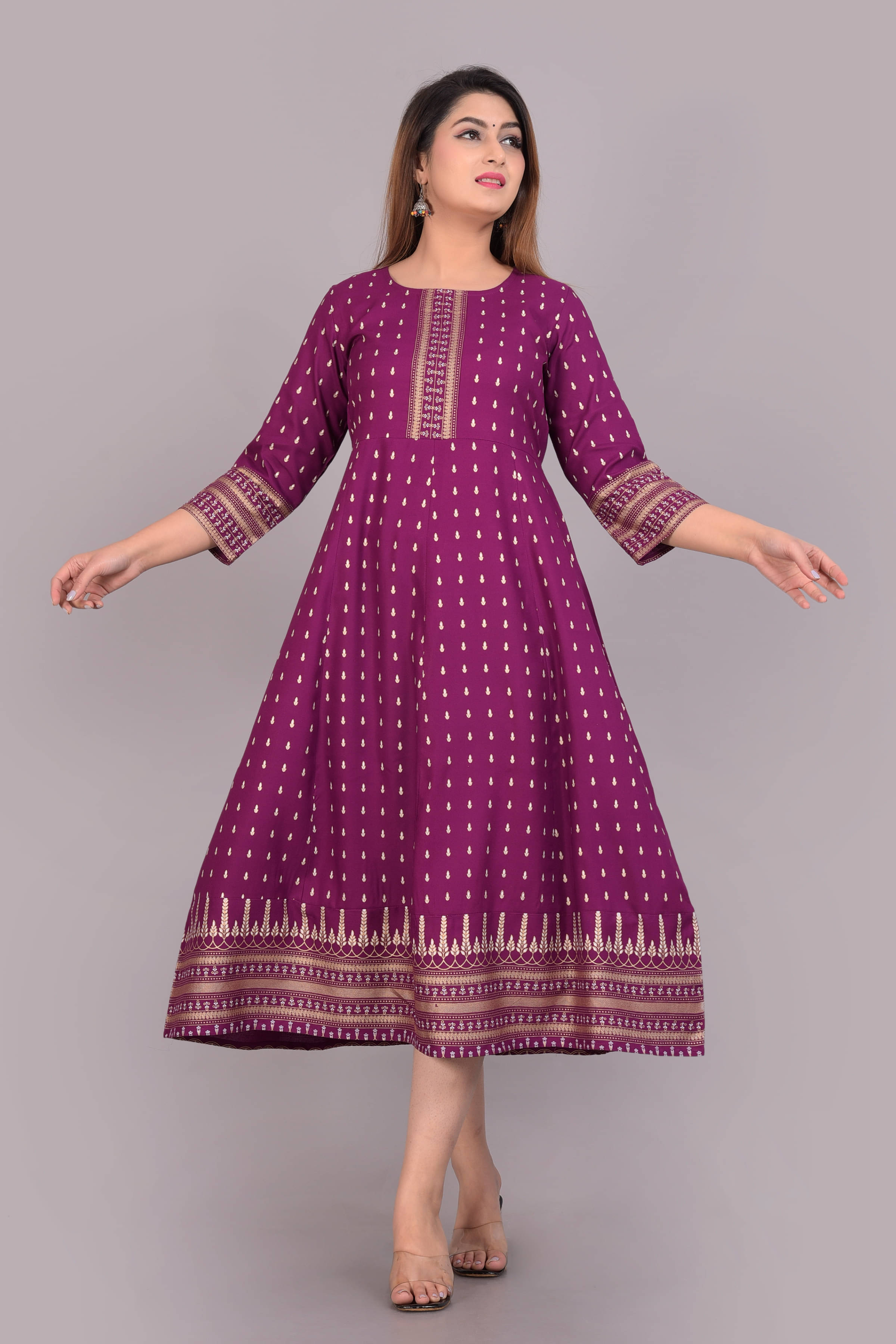 Aurelisa Rayon Printed Anarkali Women's Kurti - Purple ( Pack of 1 ) Aurelisa Rayon Printed Anarkali Women's Kurti - Purple ( Pack of 1 )