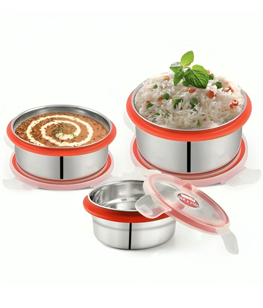     			Kitcorner Lock N Steel Steel Red Food Container ( Set of 3 )