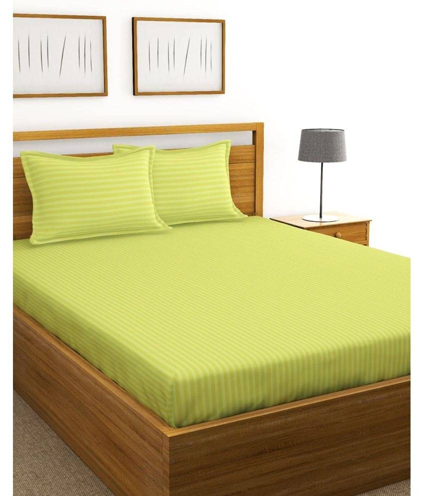     			Neekshaa Satin Stripe Solid Fitted Fitted bedsheet with 2 Pillow Covers ( Double Bed ) - Light Green