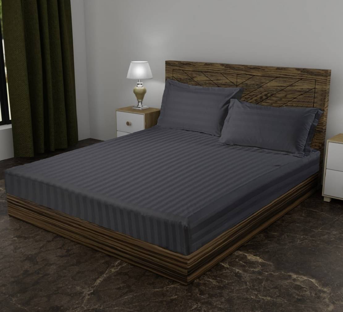     			Neekshaa Satin Stripe Solid Fitted Fitted bedsheet with 2 Pillow Covers ( Double Bed ) - Gray