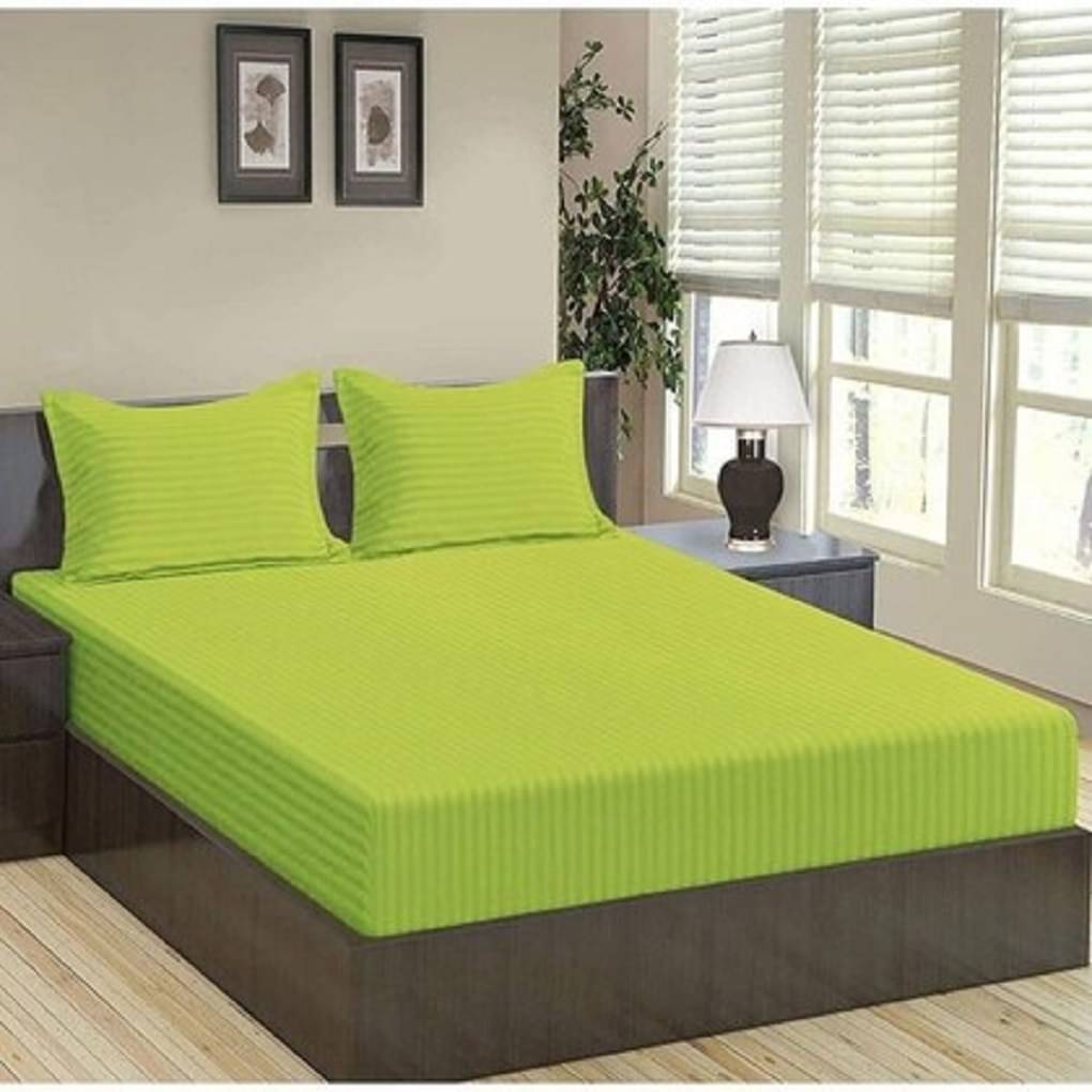     			Neekshaa Satin Stripe Solid Fitted Fitted bedsheet with 2 Pillow Covers ( Double Bed ) - Light Green