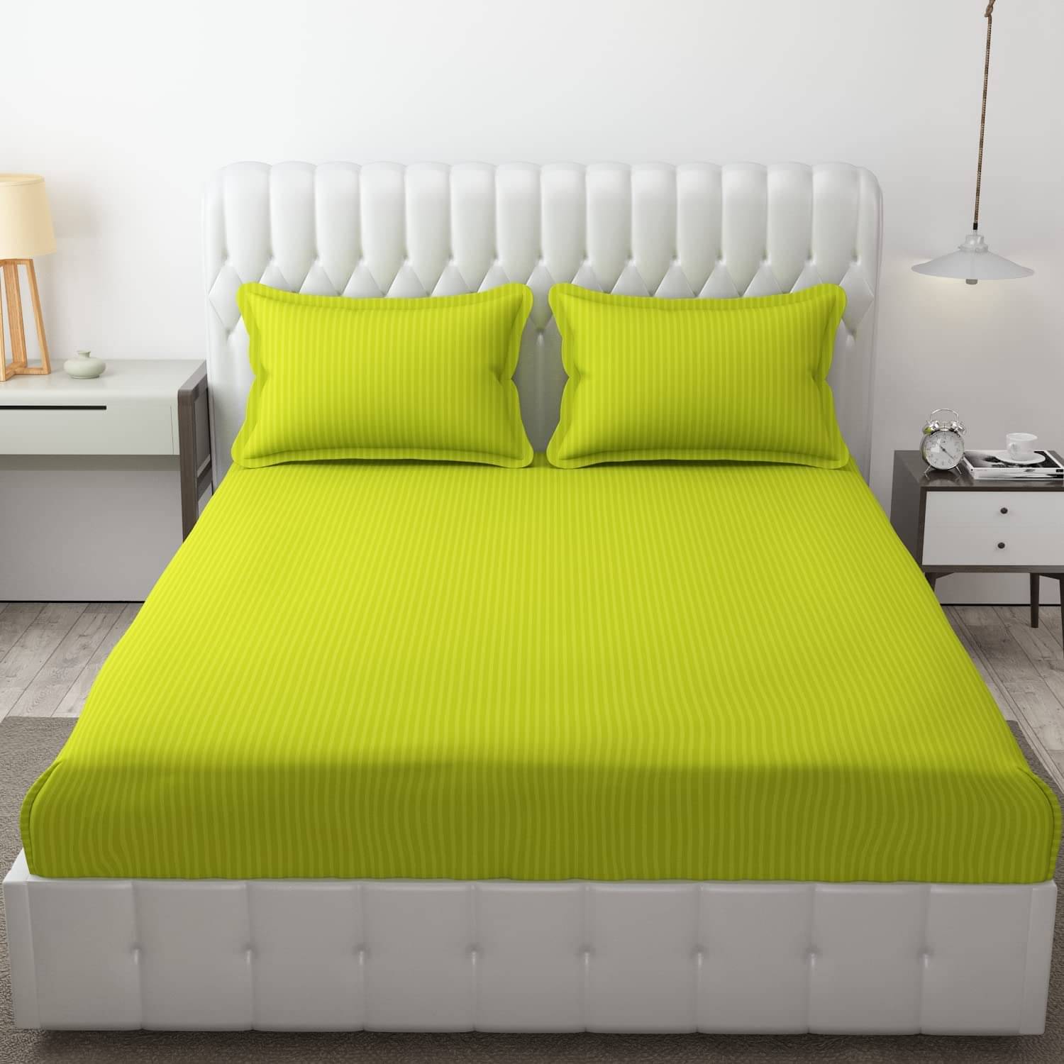     			Neekshaa Satin Stripe Solid Fitted Fitted bedsheet with 2 Pillow Covers ( Double Bed ) - Light Green