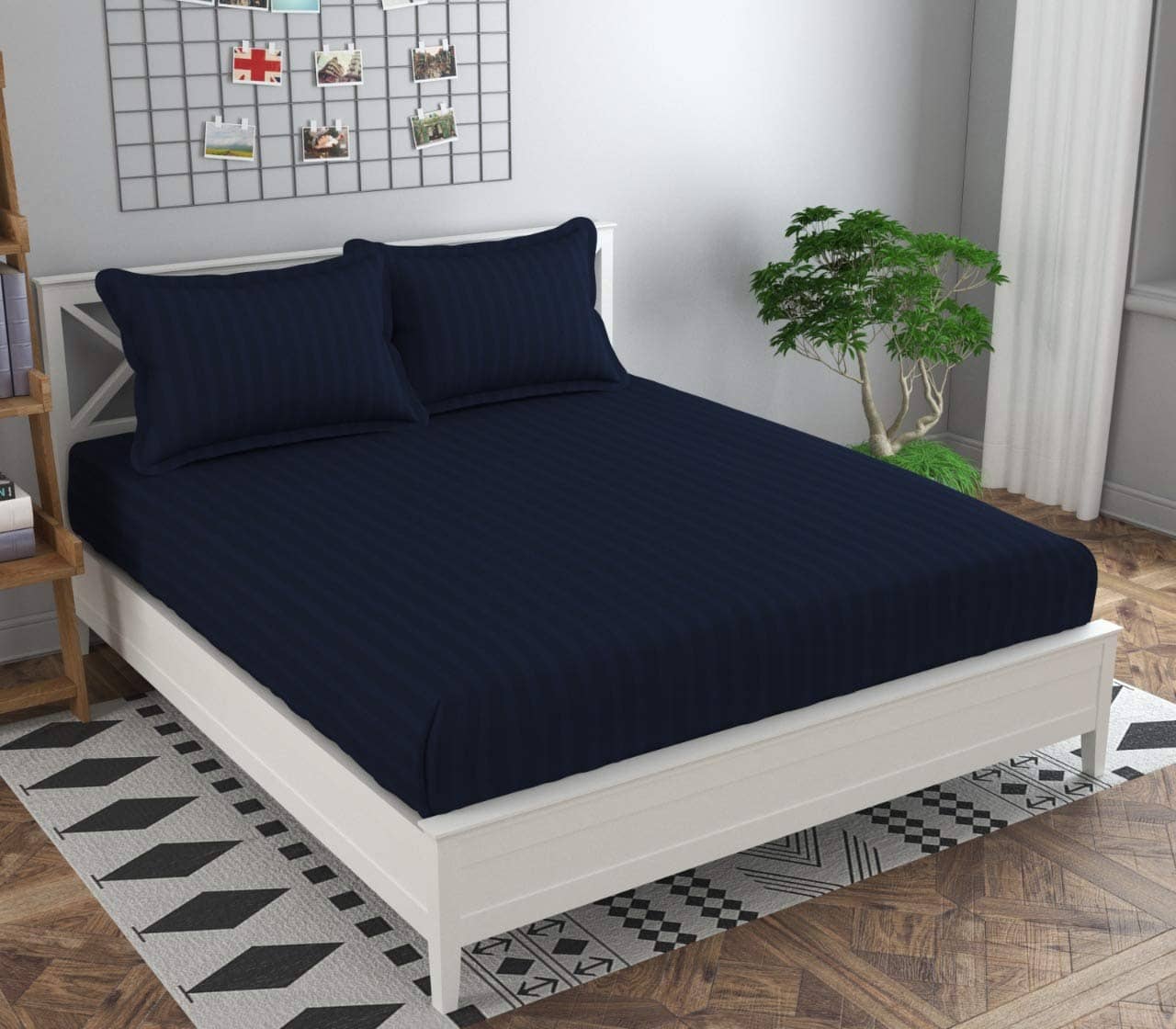 Neekshaa Satin Stripe Solid Fitted Fitted bedsheet with 2 Pillow Covers ( Double Bed ) - Blue