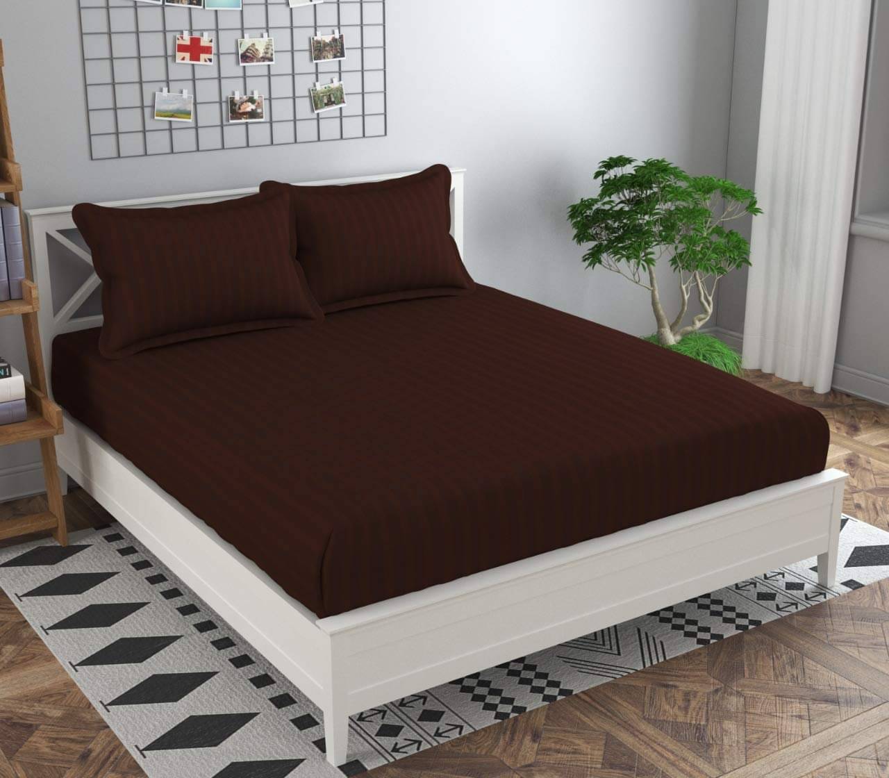 Neekshaa Satin Stripe Solid Fitted Fitted bedsheet with 2 Pillow Covers ( Double Bed ) - Brown     			Neekshaa Satin Stripe Solid Fitted Fitted bedsheet with 2 Pillow Covers ( Double Bed ) - Brown