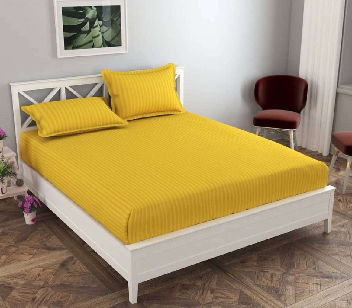Neekshaa Satin Stripe Solid Fitted Fitted bedsheet with 2 Pillow Covers ( Double Bed ) - Yellow Neekshaa Satin Stripe Solid Fitted Fitted bedsheet with 2 Pillow Covers ( Double Bed ) - Yellow