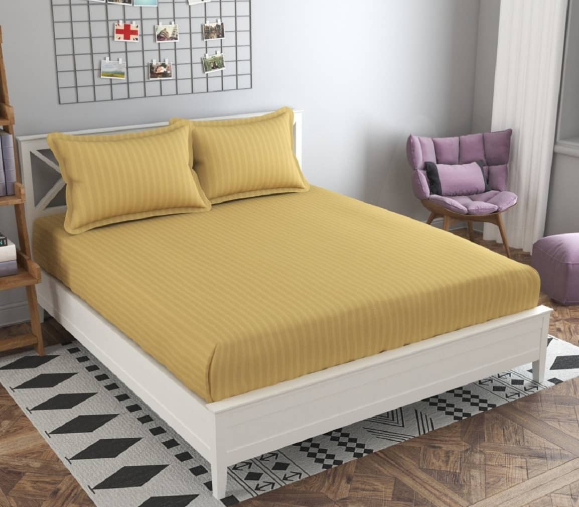 Neekshaa Satin Stripe Solid Fitted Fitted bedsheet with 2 Pillow Covers ( Double Bed ) - Yellow