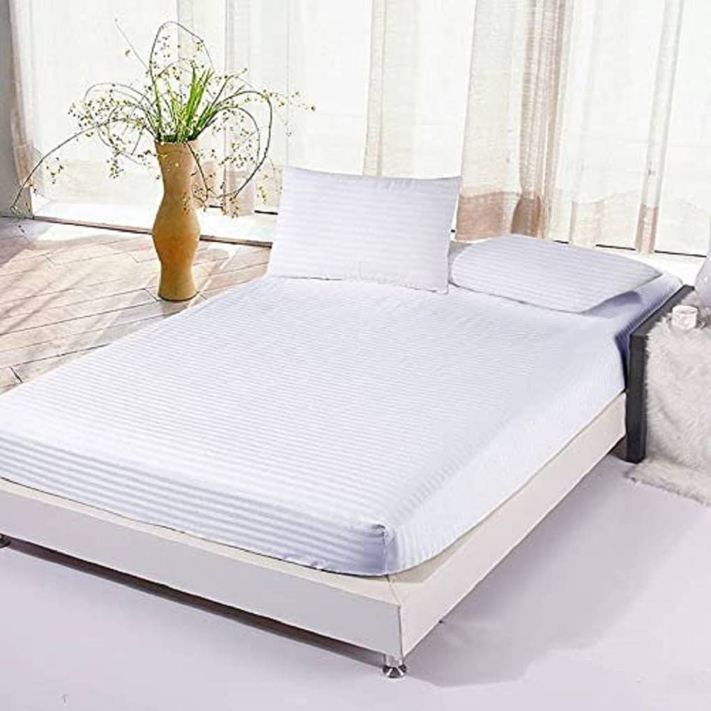 Neekshaa Satin Stripe Solid Fitted Fitted bedsheet with 2 Pillow Covers ( Double Bed ) - White Neekshaa Satin Stripe Solid Fitted Fitted bedsheet with 2 Pillow Covers ( Double Bed ) - White