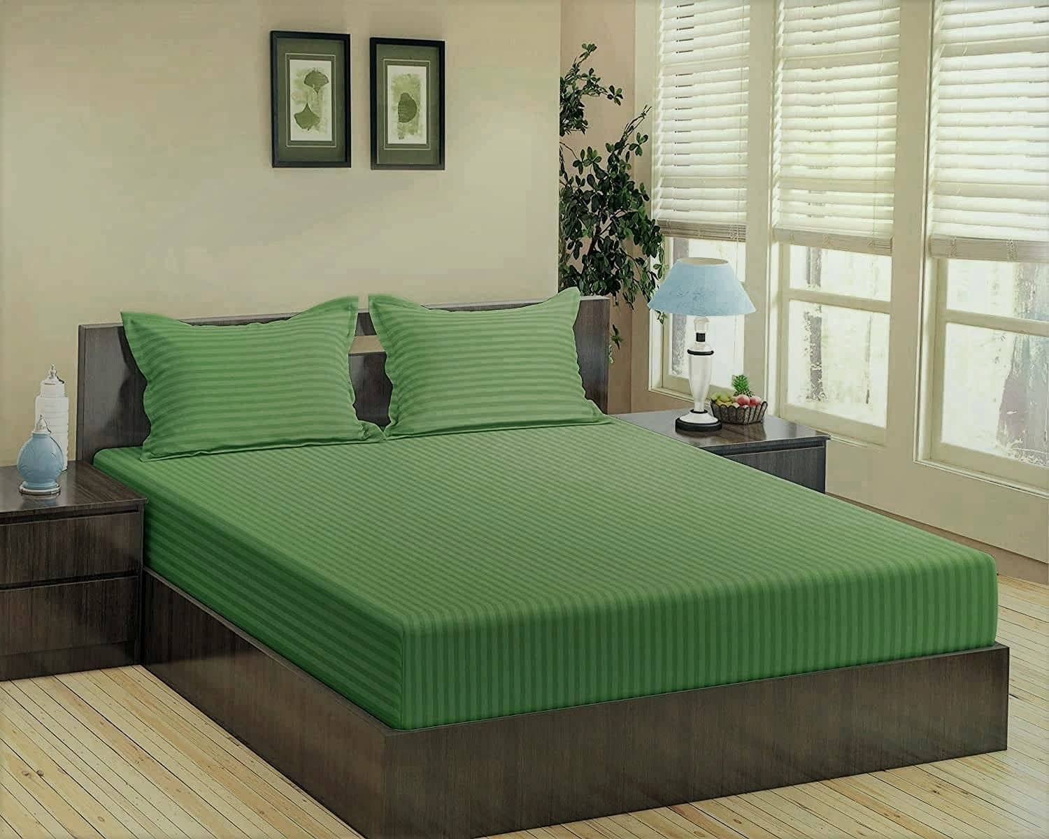 Neekshaa Satin Stripe Solid Fitted Fitted bedsheet with 2 Pillow Covers ( Double Bed ) - White
