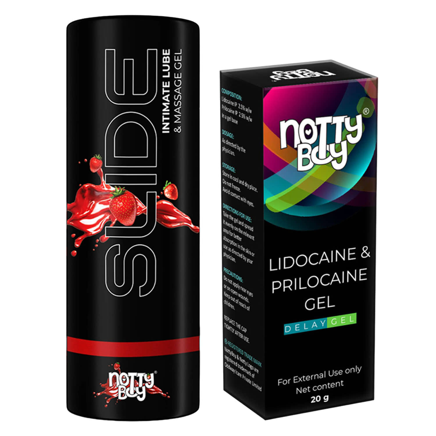 NottyBoy Delay Gel For Men 20g and Slide Strawberry Flavoured Lubricant 100ML - (Pack of 2)