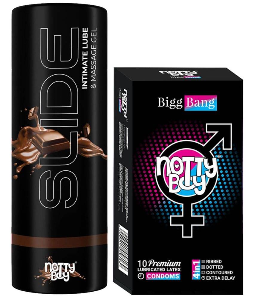 NottyBoy Slide Chocolate Flavoured Lubricant 100ML and 4in1 Dots Ribs Contoured Over Time Condoms - Pack of 2 NottyBoy Slide Chocolate Flavoured Lubricant 100ML and 4in1 Dots Ribs Contoured Over Time Condoms - Pack of 2