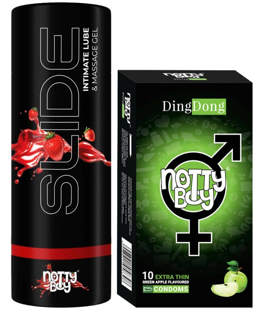 NottyBoy Slide Strawberry Flavoured Lubricant 100ML and Fruit Flavoured Condoms - Pack of 2