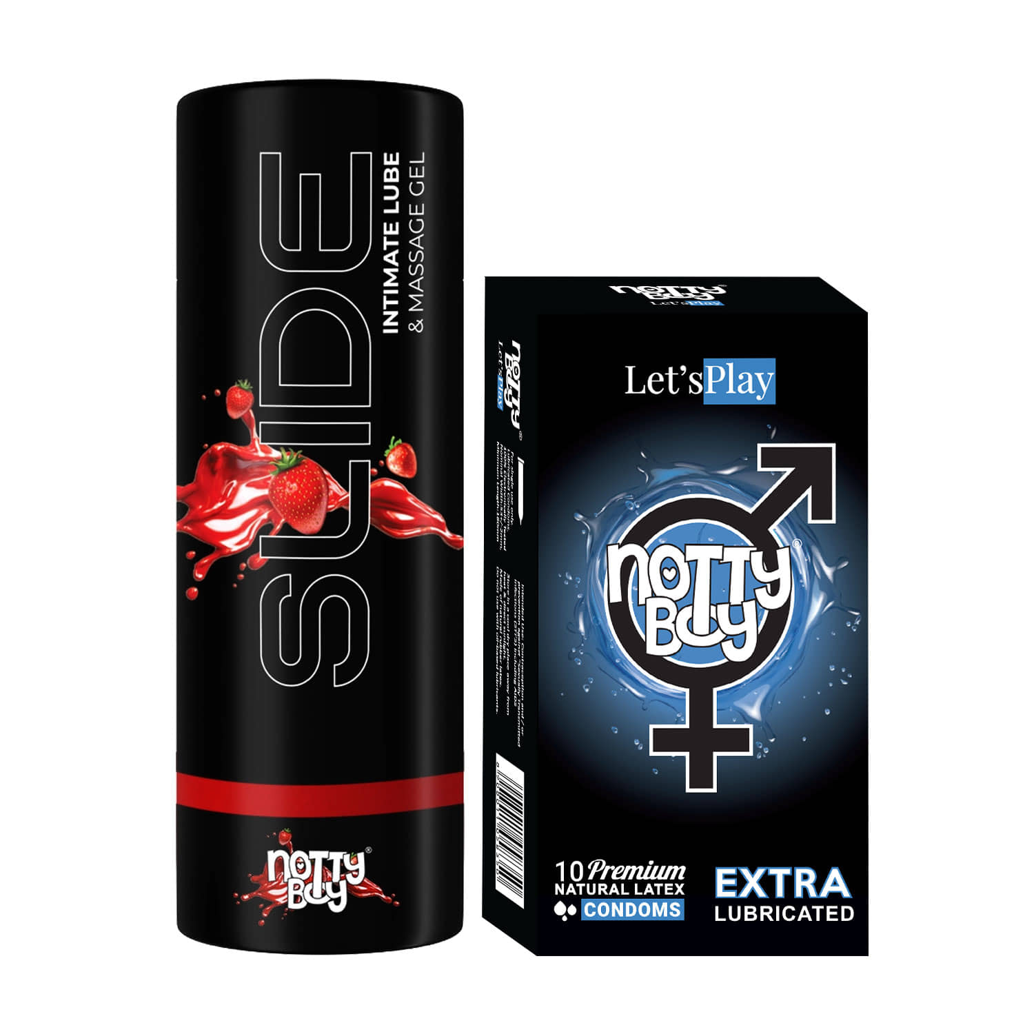 NottyBoy Slide Strawberry Flavoured Lubricant 100ML and Extra Lubricated Condoms - Pack of 2