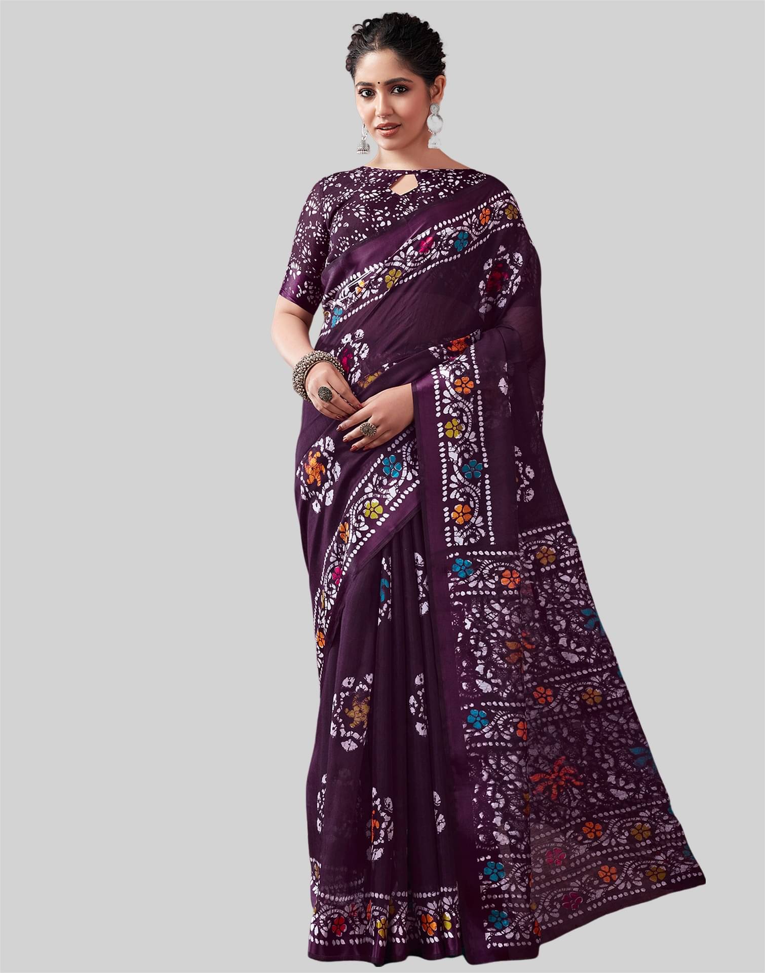     			Samah Cotton Blend Printed Saree With Unstitched Blouse Piece ( Purple )