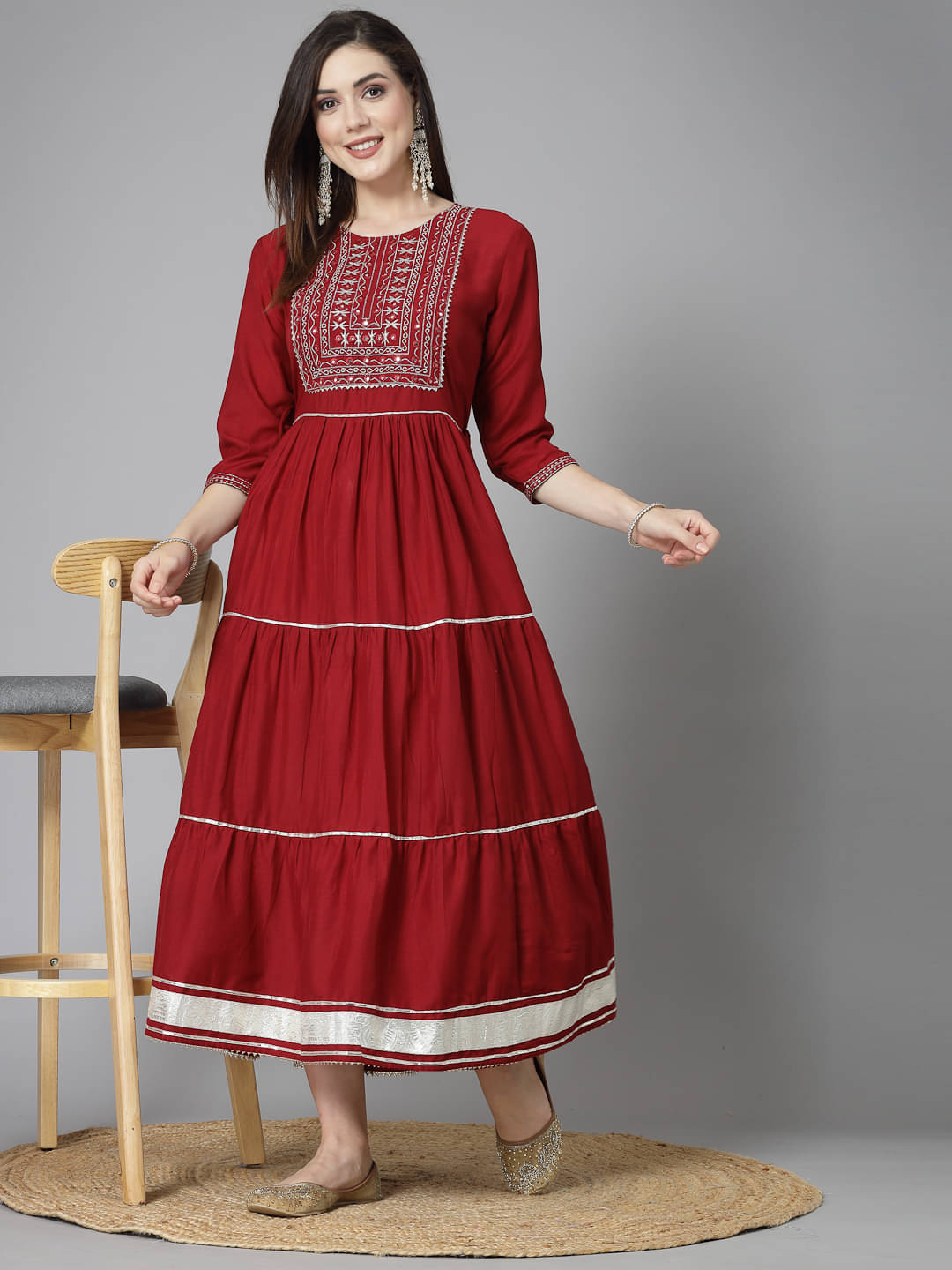 Stylum Silk Blend Embroidered Tiered Flared Women's Kurti - Maroon ( Pack of 1 ) Stylum Silk Blend Embroidered Tiered Flared Women's Kurti - Maroon ( Pack of 1 )