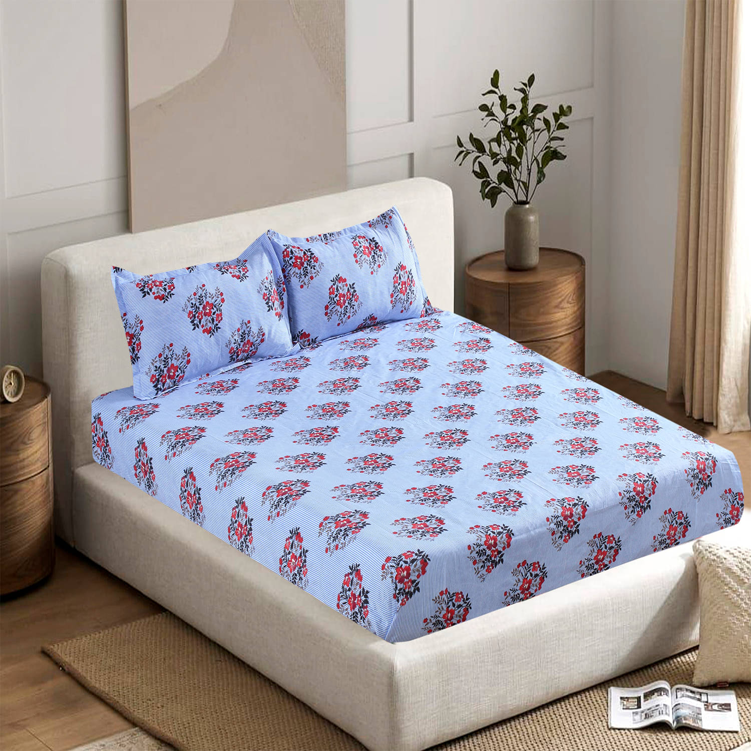     			Valtellina Poly Cotton 1 Double Bedsheet with 2 Pillow Covers ( Blue )