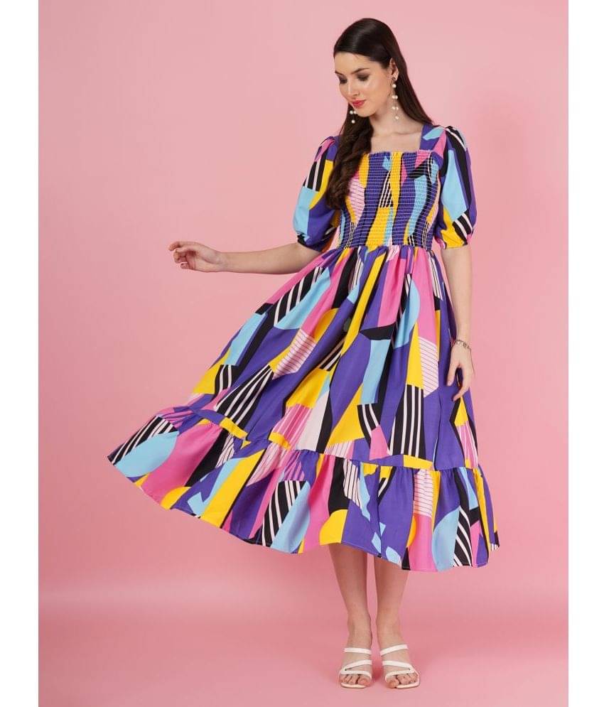 ZWERLON Women Crepe Printed A-line Dress ( Blue ) ZWERLON Women Crepe Printed A-line Dress ( Blue )