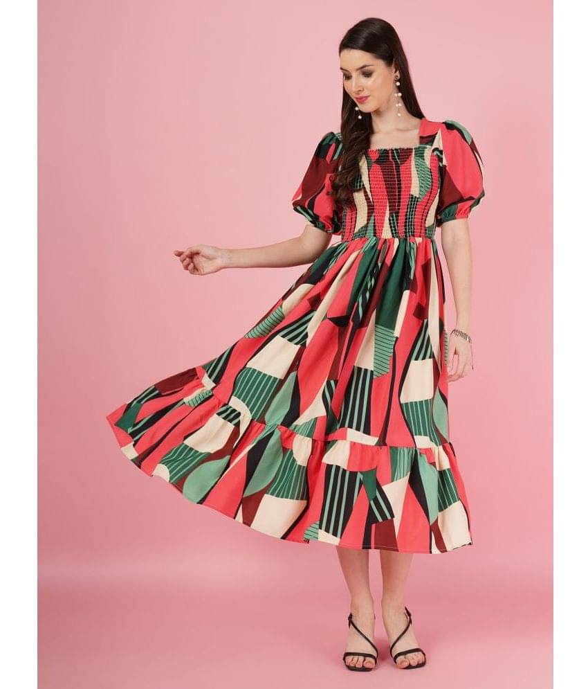 ZWERLON Women Crepe Printed A-line Dress ( Red ) ZWERLON Women Crepe Printed A-line Dress ( Red )