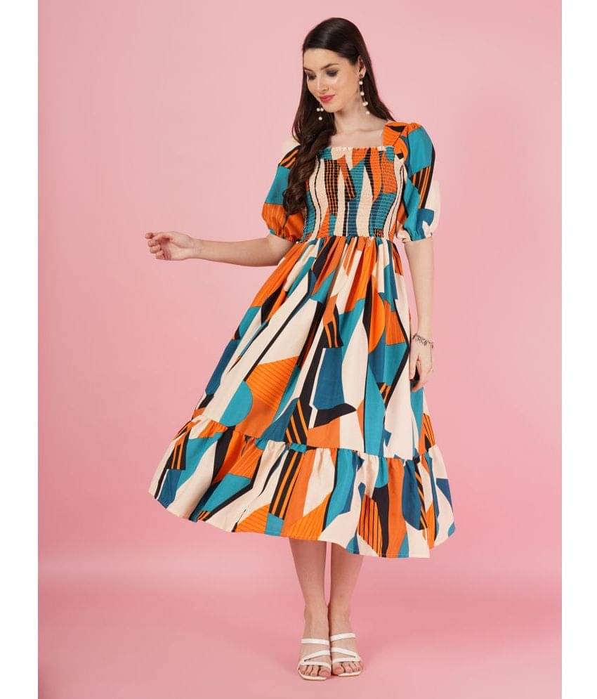     			ZWERLON Women Crepe Printed A-line Dress ( Mustard )