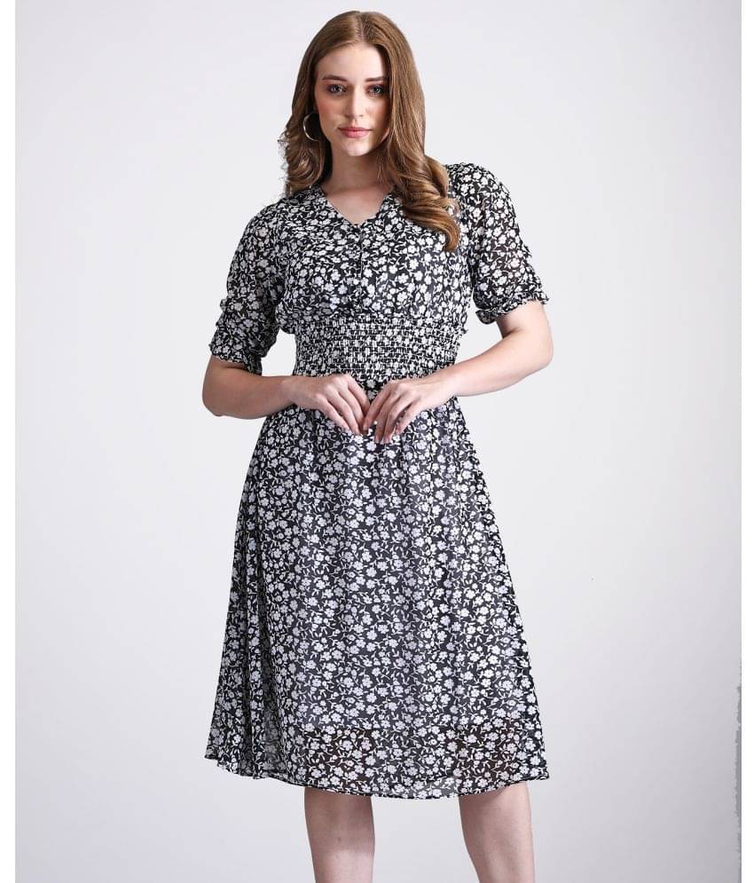 qrosh Women Cotton Blend Printed Fit & Flare Dress ( Black ) qrosh Women Cotton Blend Printed Fit & Flare Dress ( Black )