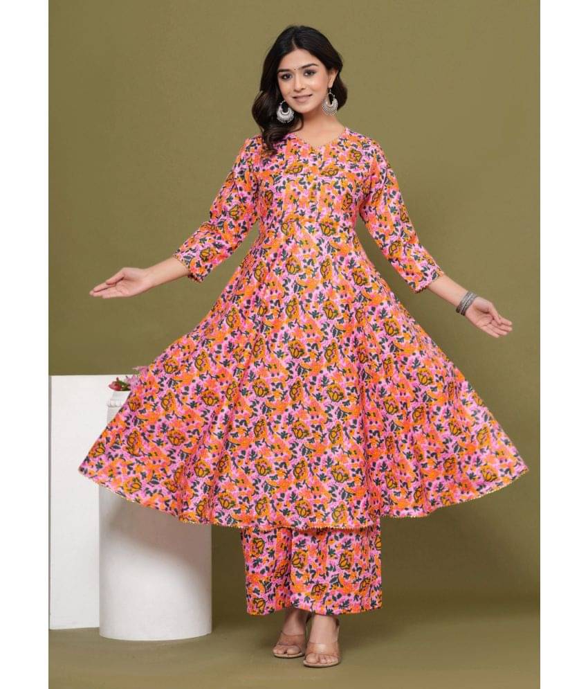     			Glorious Cotton Printed Kurti With Palazzo Women's Stitched Salwar Suit - Peach ( Pack of 1 )