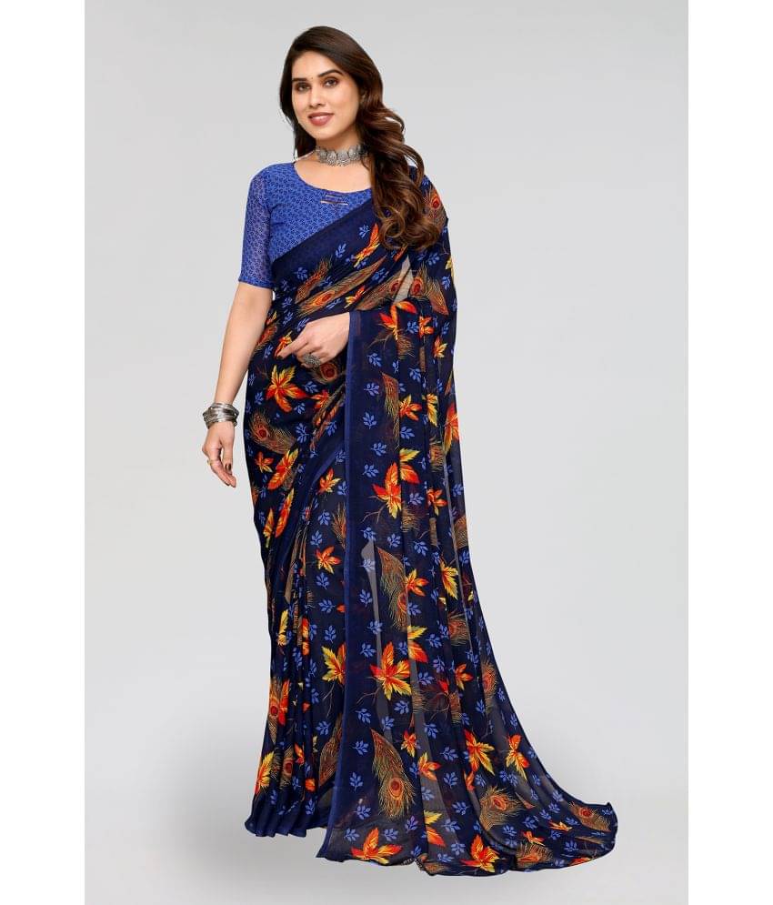     			Kashvi Sarees Georgette Printed Saree With Unstitched Blouse Piece ( Navy Blue )