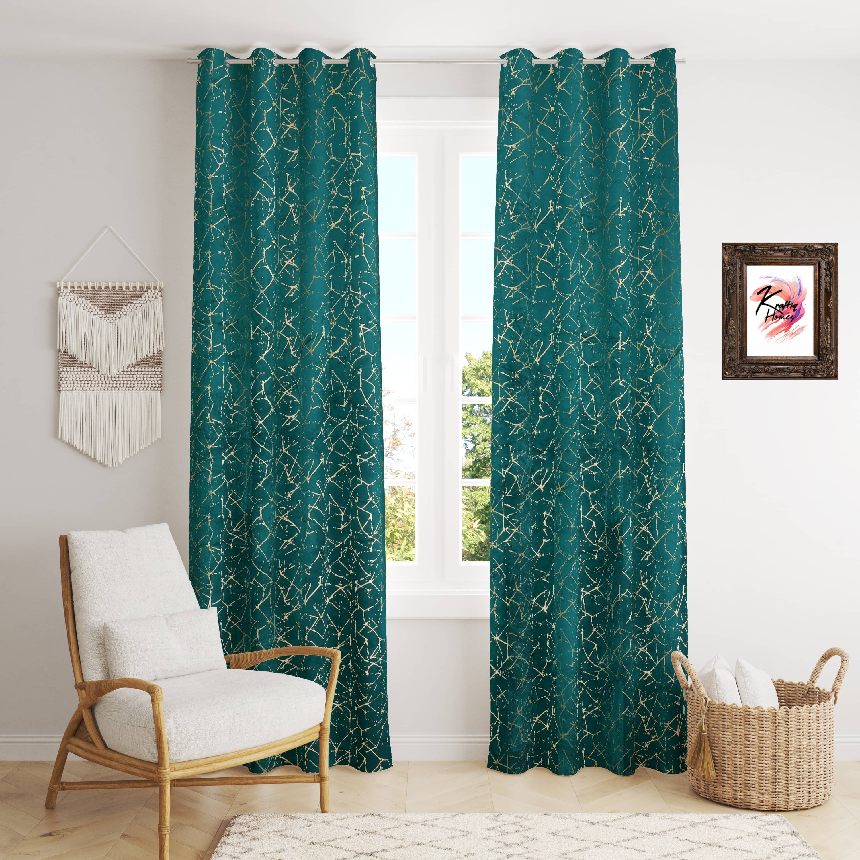 Kraftiq Homes Abstract Room Darkening Eyelet Curtain 9 ft ( Pack of 2 ) - Blue