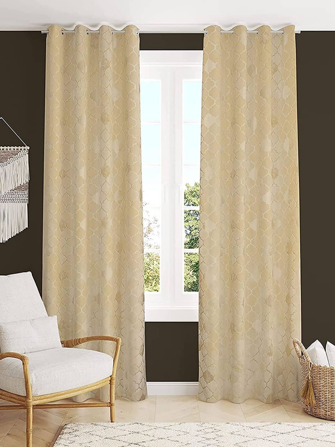 Kraftiq Homes Abstract Room Darkening Eyelet Curtain 9 ft ( Pack of 2 ) - Cream