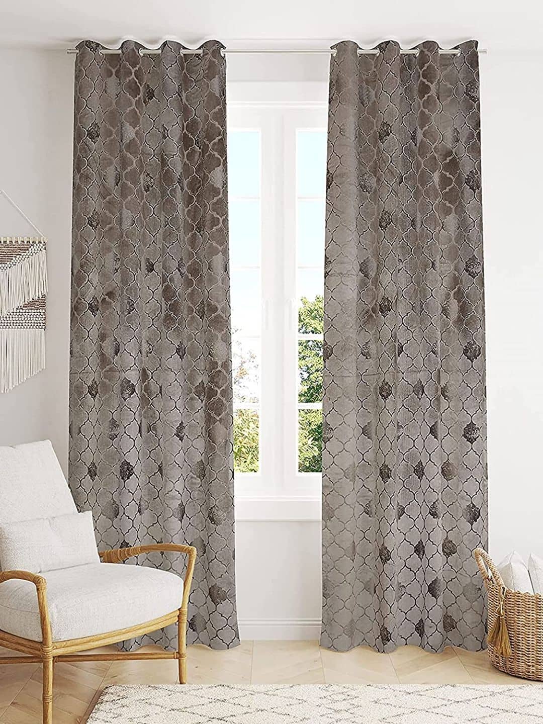 Kraftiq Homes Abstract Room Darkening Eyelet Curtain 7 ft ( Pack of 2 ) - Light Grey