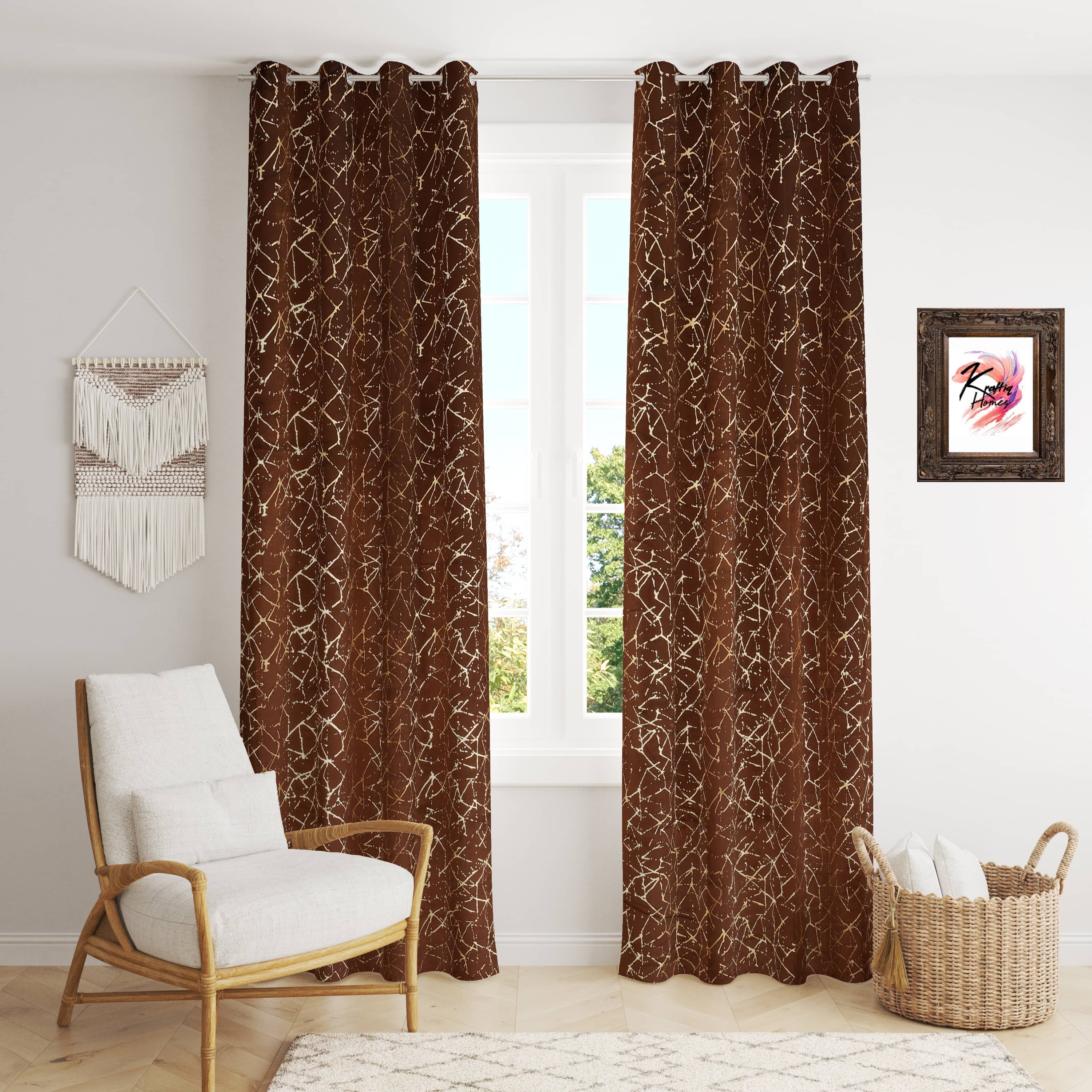 Kraftiq Homes Abstract Room Darkening Eyelet Curtain 9 ft ( Pack of 2 ) - Coffee