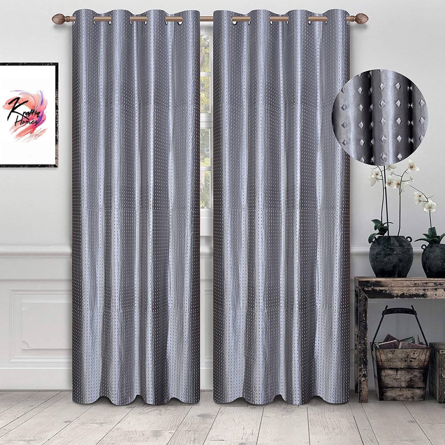 Kraftiq Homes Abstract Room Darkening Eyelet Curtain 7 ft ( Pack of 2 ) - Dark Grey