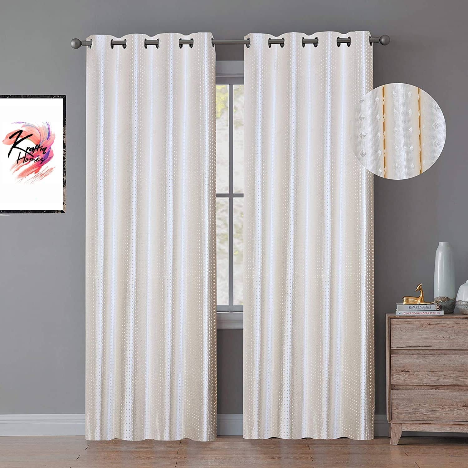 Kraftiq Homes Abstract Room Darkening Eyelet Curtain 7 ft ( Pack of 2 ) - Cream