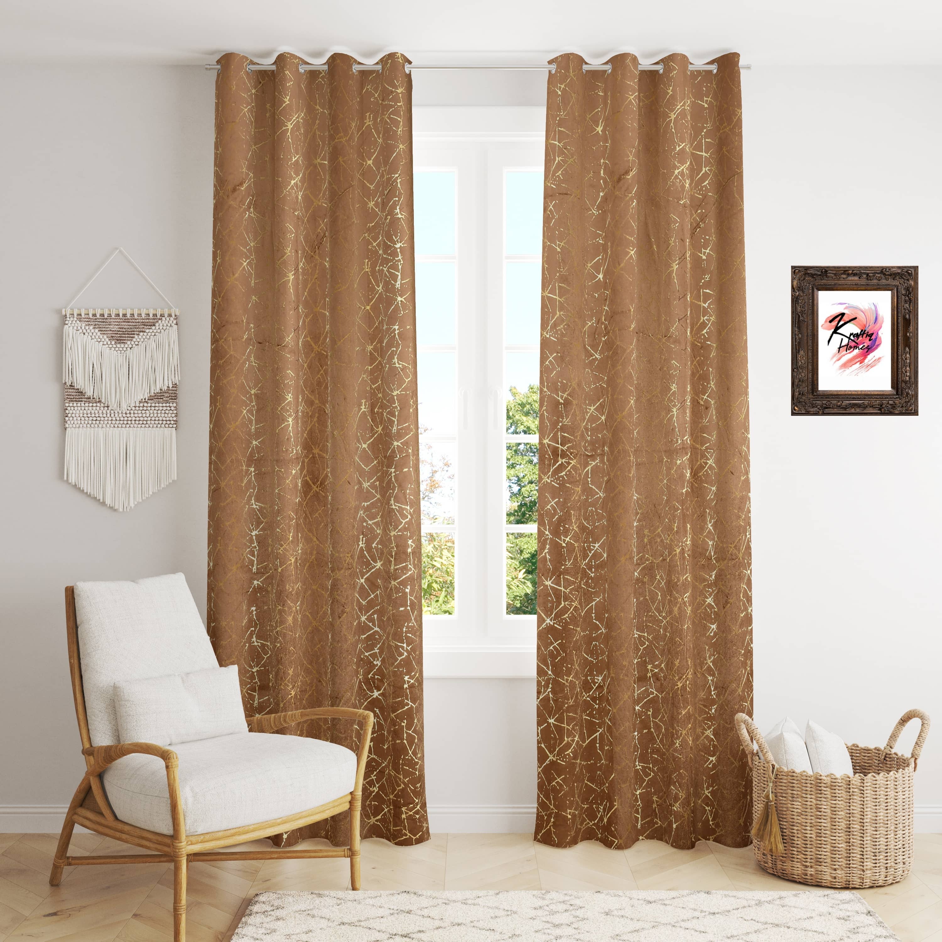 Kraftiq Homes Abstract Room Darkening Eyelet Curtain 5 ft ( Pack of 2 ) - Brown